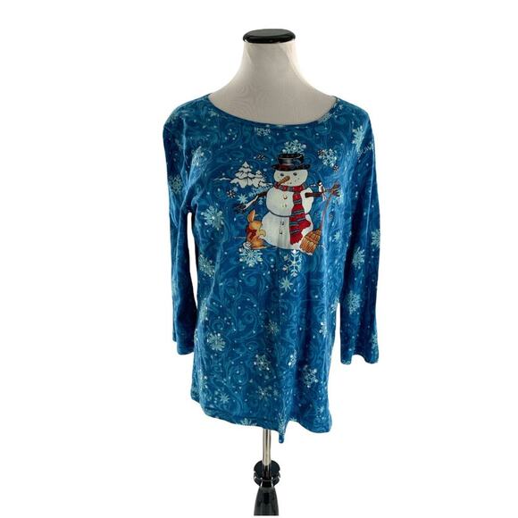 Collections Etc Christmas Snowman Beads Sequins Sleeve Shirt Womens Size Large - Picture 1 of 5